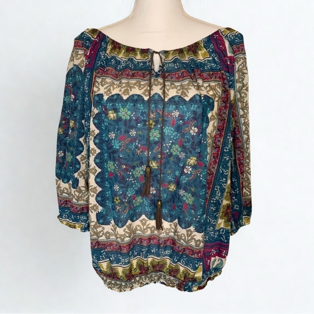 Sonoma Boho Top Blouse Floral Women XL 3/4 sleeve 100% Cotton
